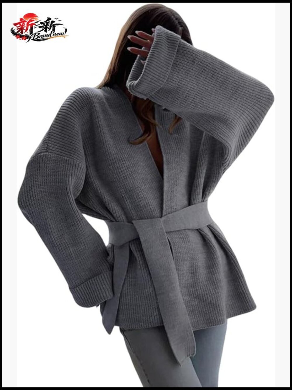 Oversized Knit Cardigan Belted Wrap Sweater Long Sleeve Loose Fit Open Front